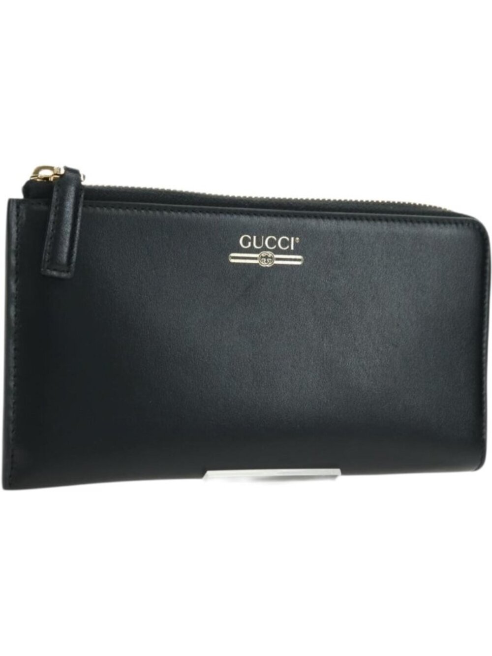 GUCCI L Shaped Round Long Wallet Leather Black Gold 573116